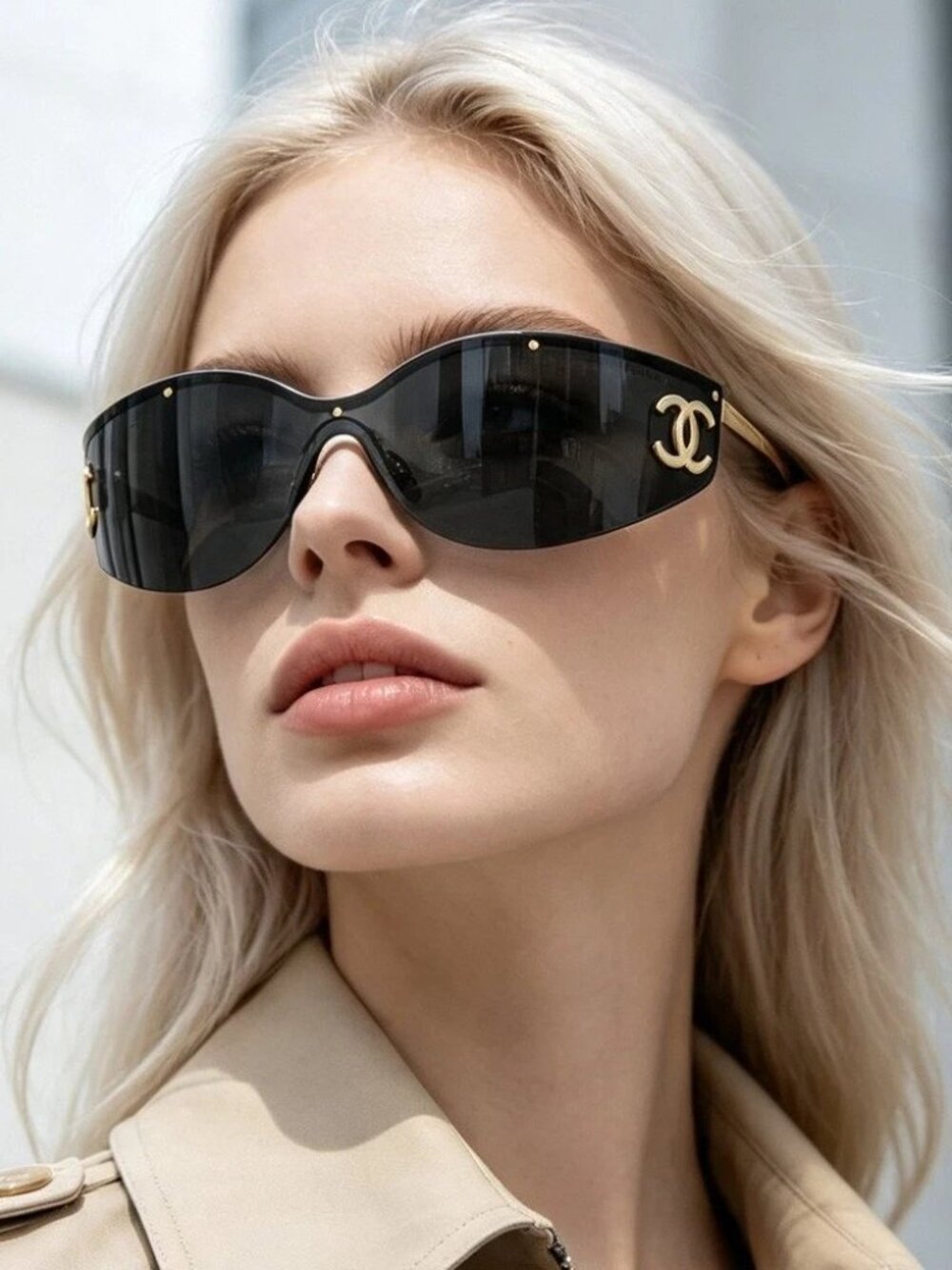Chanel CH71787 Rimless Shield Sunglasses Gold Frame Gray Lens Italy With Box